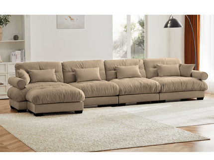 Modern Sectional Sofa With Ottoman, Round Bolster Armrests, Waist And Throw Pillows
