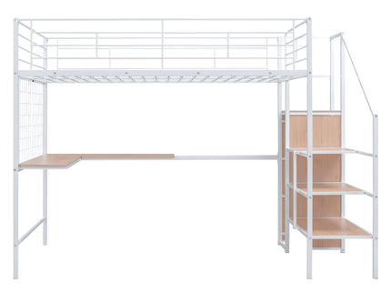 Loft Bed With Desk And Grid, Stylish Frame With Lateral Storage Ladder And Wardrobe