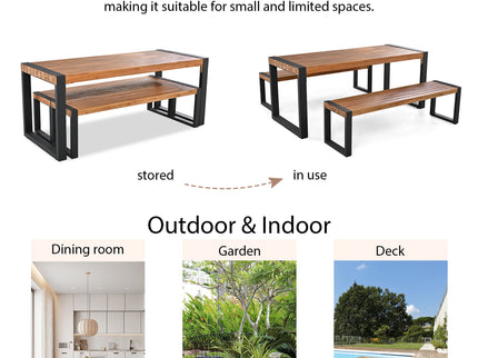 3 Pieces Outdoor Dining Table With 2 Benches, Patio Dining Set With Unique Top Texture, Acacia Wood Top & Steel Frame, All Weather Use, For Outdoor & Indoor - Natural