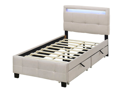 Upholstered Platform Bed With LED Frame, With Trundle And 2 Drawers