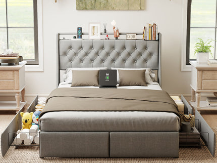 Platform Bed Frame With RGB LED Lights, Charging Station, Storage Headboard & 4 Underbed Drawers