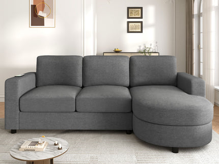 Modern L-Shaped Sectional Sofa With Curved Chaise, USB Ports, And Side Storage Pockets