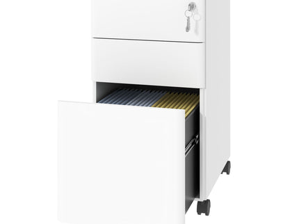 3-Drawer Mobile File Cabinet With Lock, On Wheels, Two Shallow & One Deep Drawer For Office/Home, Fully Assembled - White