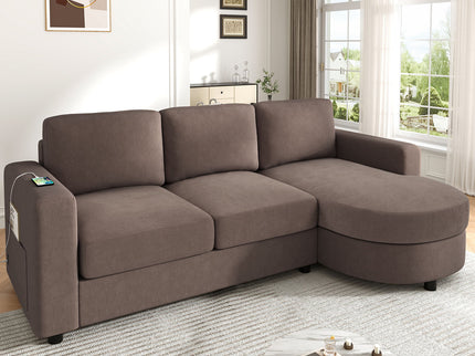 Modern L-Shaped Sectional Sofa With Curved Chaise, USB Ports, And Side Storage Pockets