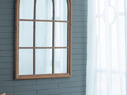 Large Arched Accent Mirror With Frame With Decorative Window Look Classic Architecture Style Solid Fir Wood Interior Decor - Brown