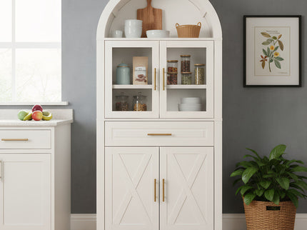 Arched Kitchen Pantry Cabinet With Adjustable Shelves & Barn Door Design
