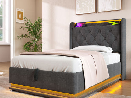 Upholstered Bed, 360 Surround LED Function, Remote Control, Hydraulic Storage Bed With USB, Type-C Charging (Without Mattress)
