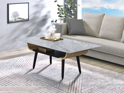 Landon - Coffee Table With Glass Marble Texture Top And Bent Wood Design
