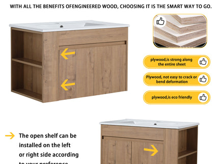 Modern Wall Mounted Bathroom Vanity With Sink And Storage Rack Soft Close Doors Plywood - Imitative Oak