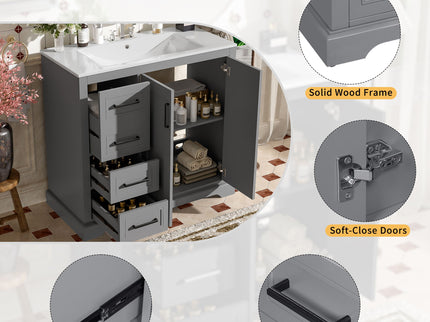 Bathroom Vanity With Sink, Soft Close Doors, Adjustable Shelf & 3 Drawers