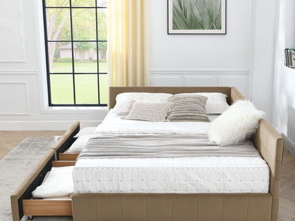 Mid-Century Storage Upholstered Tufted Bed Frame With Backrest And Armrests