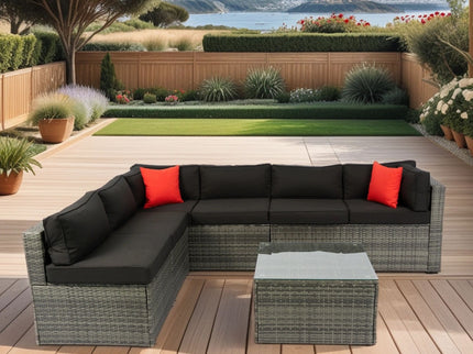 5 Pieces Rattan Sectional Outdoor Furniture Cushioned U Sof Set With 2 Pillow - Gray / Black