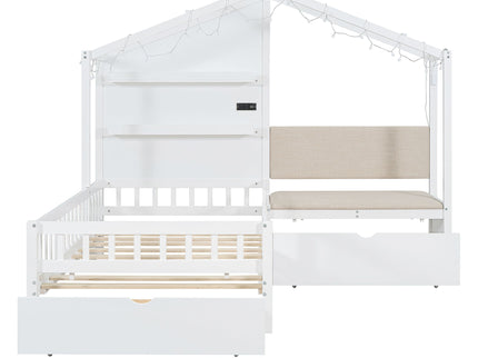 House Bed With Upholstered Sofa, Wireless Charging Station, Shelves And 2 Drawers