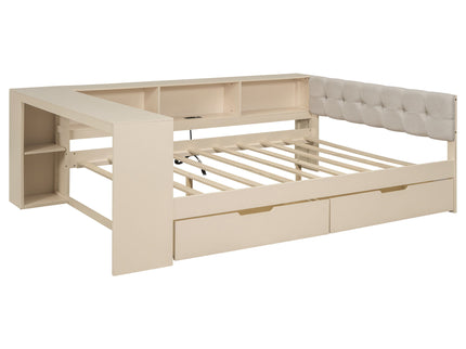 Upholstered Headboard Platform Bed With Storage Shelves, Drawers, Charging Station