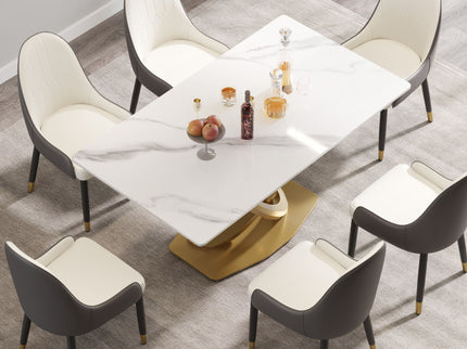63" Modern Artificial Stone Panel Double-Ring Stainless Steel Metal Legs, Can Accommodate 6-8 People - White / Gold