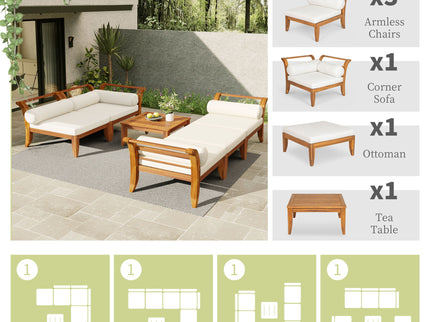 6 Piece Patio Sofa Set, Acacia Wood Outdoor Modular Sectional Garden Furniture Set L Shaped Conversation Set, Convertible Daybed With Tea Table, Ottoman, 5 Cushions And Pillows - Teak / Beige