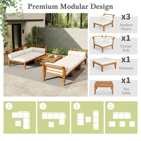 6 Piece Patio Sofa Set, Acacia Wood Outdoor Modular Sectional Garden Furniture Set L Shaped Conversation Set, Convertible Daybed With Tea Table, Ottoman, 5 Cushions And Pillows - Teak / Beige