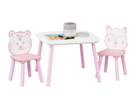 Table And Chair Set, 3 Piece Wooden Toddler Desk With Animal Backrest - Pink / White