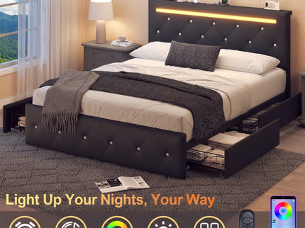 Upholstered Bed Frame With LED Lights, 4 Storage Drawers, Charging Station