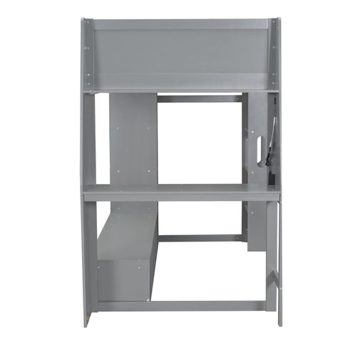 Gaming Loft Bed With Desk, Multi Storage Shelves, LED Lighting, And Hanging Clothes Rack