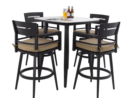 5 Pieces Outdoor Patio Bar Set, Rounded Square Sintered Stone Table & 4 Swivel Bar Chairs