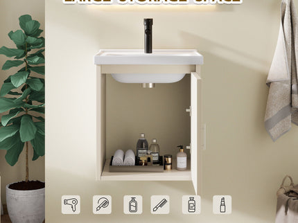 16" Floating Bathroom Vanity Combo, Wall Mounted Cabinet With Sink & Soft Close Doors For Small Bathrooms - Khaki