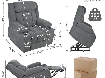 Power Lift Recliner Chair With Extended Footrest, Remote Control, Cup Holders, And Side Pockets