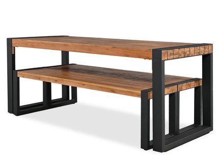 3 Pieces Outdoor Dining Table With 2 Benches, Patio Dining Set With Unique Top Texture, Acacia Wood Top & Steel Frame, All Weather Use, For Outdoor & Indoor - Natural