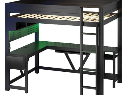 Gaming Loft Bed With Desk, Storage Shelves, LED And Charging Station