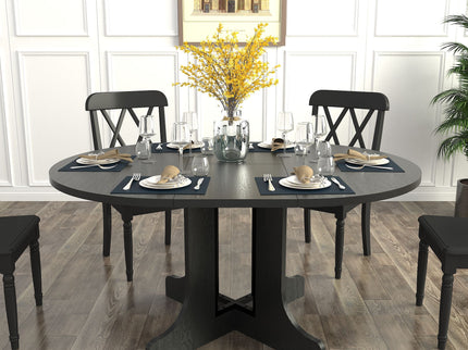 Dining Table For Farmhouse Kitchen Expandable Oval Table Top With Removable Leaf Trestle X Shaped Base - Black