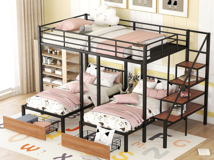 Full Over Twin-Twin Triple Bunk Bed With Drawers And Staircase - Black