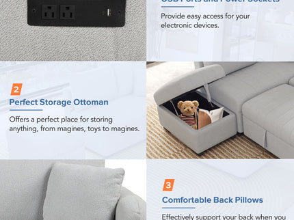 L-Shaped Sectional Pull Out Sofa Bed Sleeper Sofa With Two USB Ports, Two Power Sockets And A Movable Storage Ottoman
