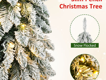 Slim Snow Flocked Pre Lit Pencil Christmas Tree, 3.9Ft / 5.9Ft / 7.9Ft With 750 Branch Tips, 480 LED Lights, Warm Glow, For Indoor Holiday Decor - White