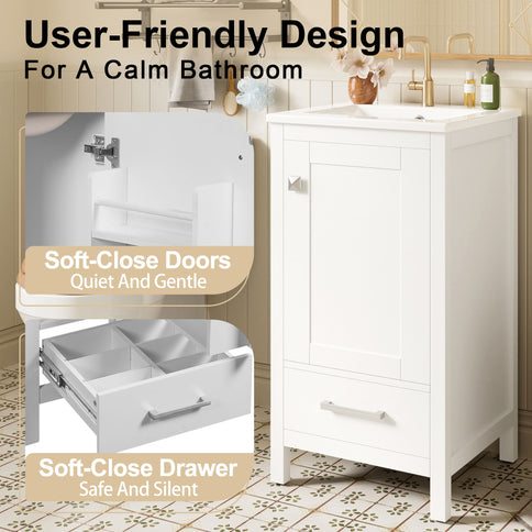 Bathroom Vanity With Ceramic Sink, Soft Close Drawers, Door Organizer, Divider Drawer, Adjustable Foot Pads