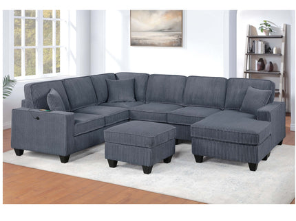 Left Arm Facing Loveseat With USB Port 5 Piece Sectional Set Corner Wedge Armless Chair Cocktail Ottoman Upholstered Living Room Furniture - Dark Gray