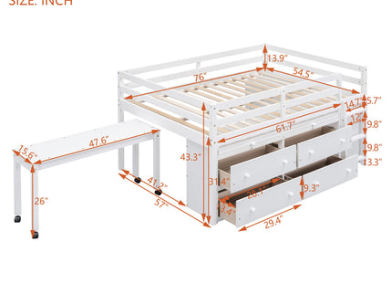 Loft Bed With Retractable Writing Desk And 4 Drawers, With Lateral Portable Desk And Shelves