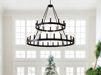 2 Tiers Wagon Wheel Chandelier Wooden Farmhouse 36 Light (24 / 12) Or (12 / 24) Metal Chandeliers 2 Story Light Fixtures Industrial For High Ceiling Living Dining Room Foyer, Adjustable Height - Black