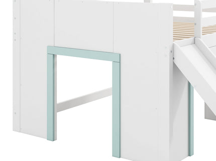 Modern Low Loft Bed With Slide, 3 Storage Drawers, And 2 Doors
