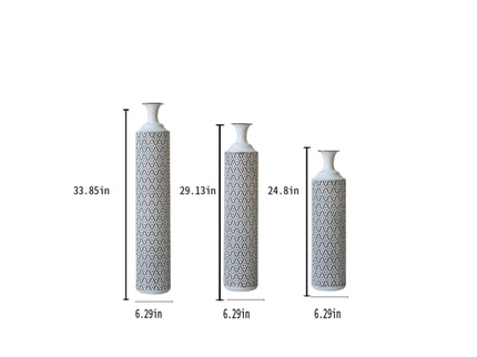 Modern Floor Vase Set Metal Vases With Geometric Pattern, 3 Piece Home Decor Set - White / Black