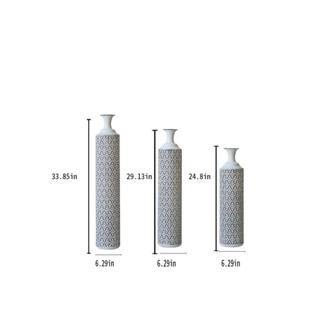 Modern Floor Vase Set Metal Vases With Geometric Pattern, 3 Piece Home Decor Set - White / Black
