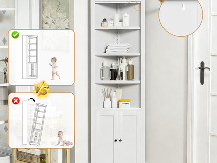 Tall Corner Storage Cabinet With 2 Doors, 5-Tier With Adjustable Shelve, Freestanding - White