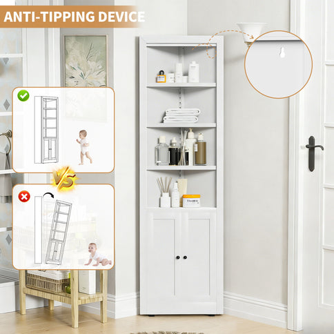Tall Corner Storage Cabinet With 2 Doors, 5-Tier With Adjustable Shelve, Freestanding - White