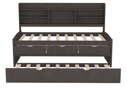 Captain Bed With Built In Bookshelves, 3 Storage Drawers, And Trundle