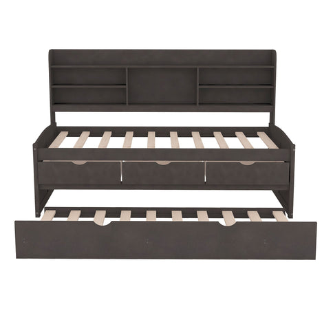 Captain Bed With Built In Bookshelves, 3 Storage Drawers, And Trundle