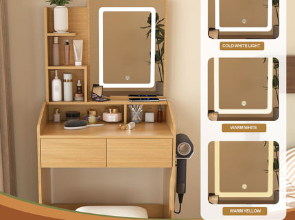 Vanity Table With LED Mirror, Power Outlet, Hairdryer Holder & Padded Stool, Compact Dressing Desk For Small Bedrooms - Wood