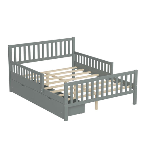 Platform Bed With Guardrails On Both Sides And 2 Storage Drawers