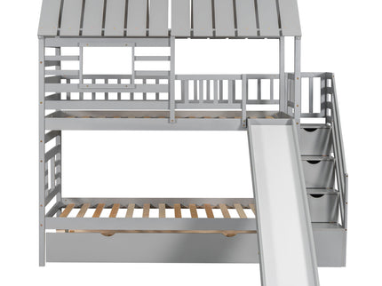 House Bunk Bed With Trundle, Storage Staircase, Roof And Window Design