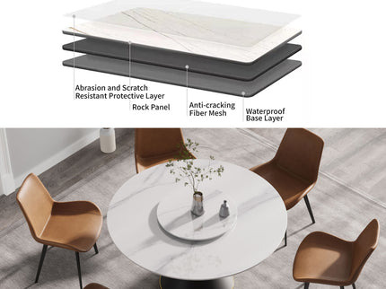 53" Modern Artificial Stone Round Carbon Steel Base Dining Table, Can Accommodate 6 People, Artificial Stone Turntable - White / Black