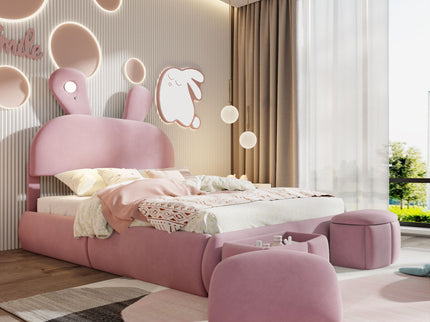 Full Upholstered Platform Bed With Cartoon Ears Headboard And LED Light - Pink