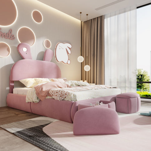 Full Upholstered Platform Bed With Cartoon Ears Headboard And LED Light - Pink